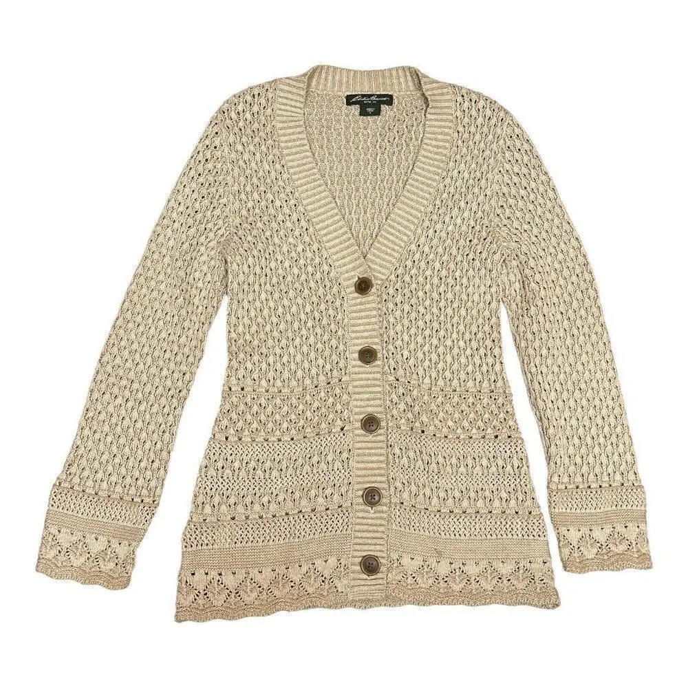 Eddie Bauer Open Knit Cotton Cardigan Sweater‎ Beige Coastal Beachy S